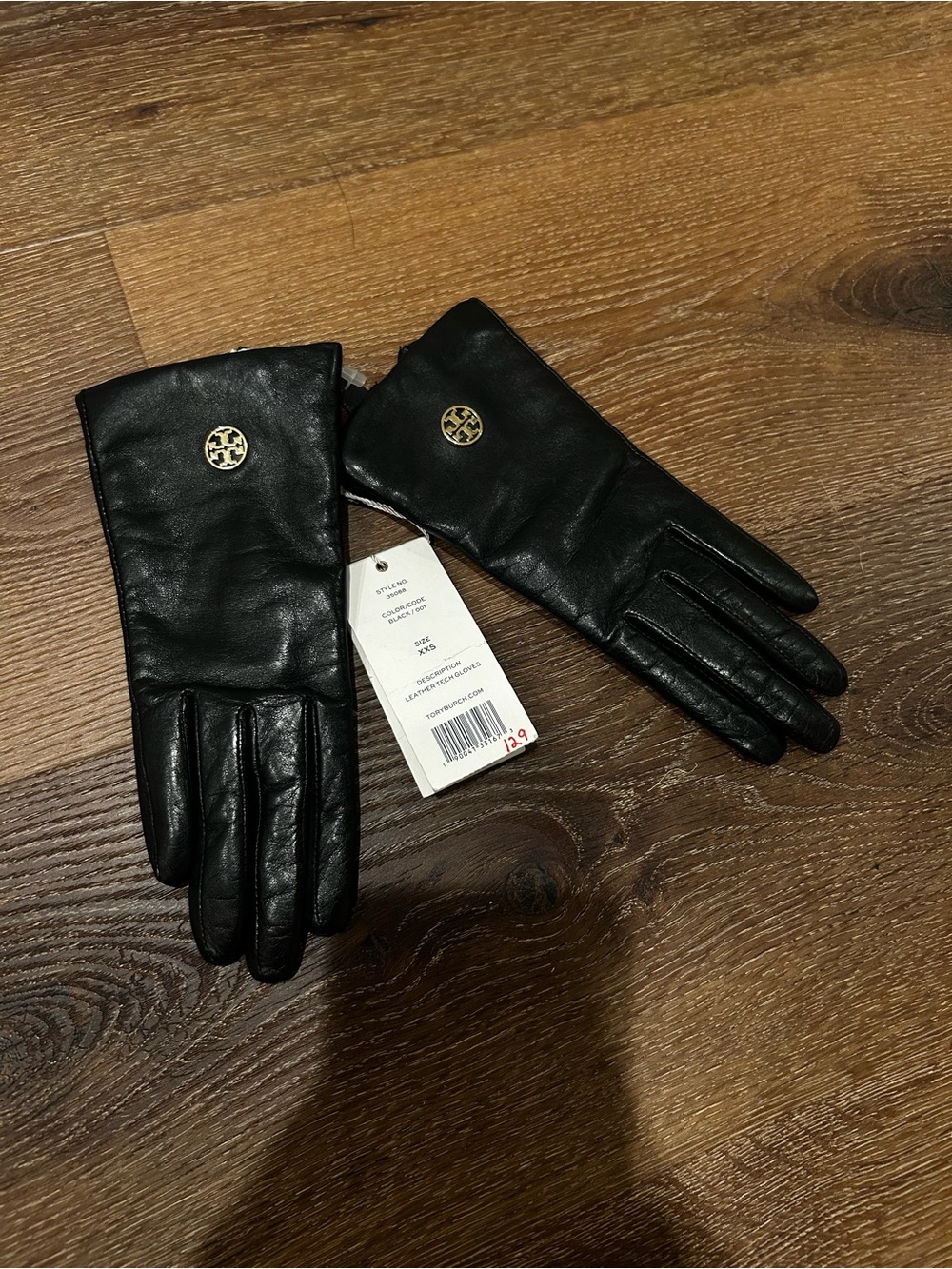 Tory Burch Black Leather Gloves with Gold Logo